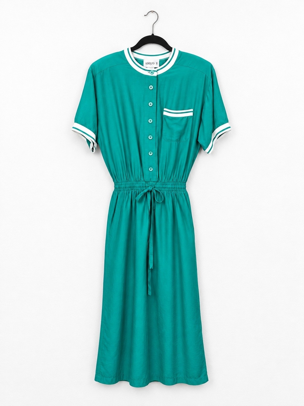 Vintage 80s Adolfo II Teal Green Sporty Shirt Dress M Pockets Shoulder Pads